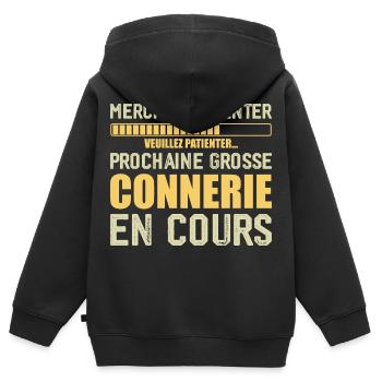Prochaine connerie rigolo - Sweat Premium à capuche zippé enfant bio - noir - Dos - AI Model Kid Male (0cm)