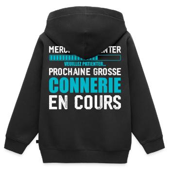 Prochaine connerie rigolo - Sweat Premium à capuche zippé enfant bio - noir - Dos - AI Model Kid Male (0cm)