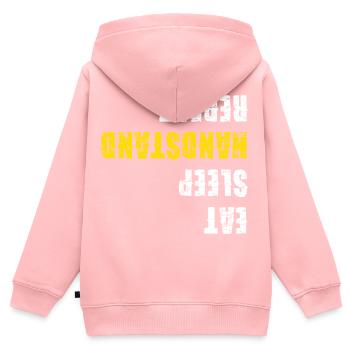 Mange, Dors, Équilibre Mains, Gymnastique répétée - Sweat Premium à capuche zippé enfant bio - rose - Dos - AI Model Kid Female (0cm)