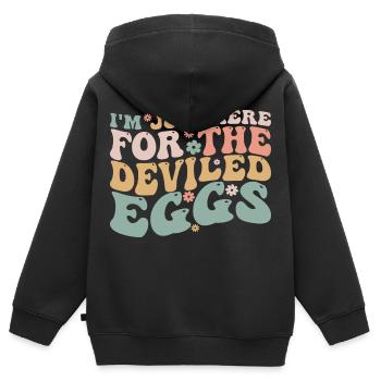 Ich bin nur wegen der teuflischen Eier hier - Kinder Premium Organic Zip Hoodie - Schwarz - Hinten - AI Model Kid Male (0cm)