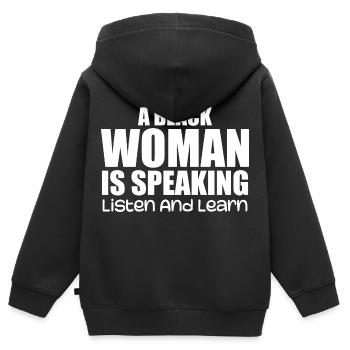 Eine Schwarze Frau spricht, hört zu und lernt - Kinder Premium Organic Zip Hoodie - Schwarz - Hinten - AI Model Kid Male (0cm)