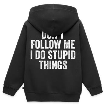 Folge mir nicht, ich mache dumme Dinge lustig - Kinder Premium Organic Zip Hoodie - Schwarz - Hinten - AI Model Kid Male (0cm)