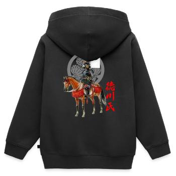 Samurai horseman, kanji and mon of the Tokugawa clan - Kids Premium Organic Zip-up Hoodie - black - Back - AI Model Kid Male (0cm)