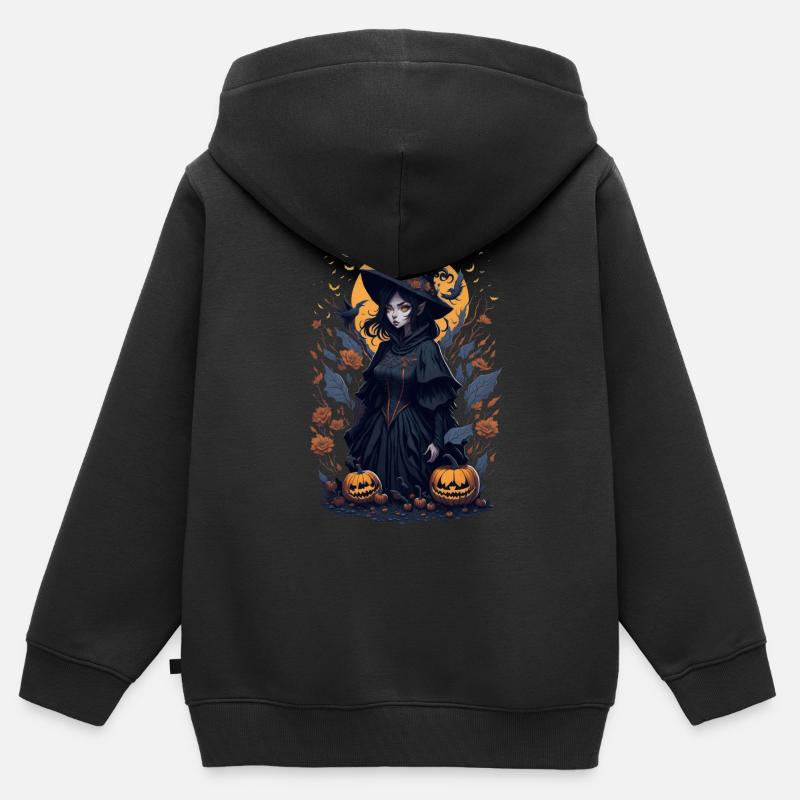 Nuit envoûtante : Sorcière noire d’Halloween - Sweat Premium à capuche zippé enfant bio - noir