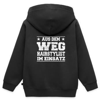 Coiffeur à l’écart en cours d’utilisation Design - Sweat Premium à capuche zippé enfant bio - noir - Dos - AI Model Kid Male (0cm)
