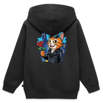 Chat cool avec rose – Offensive de charme ! - Sweat Premium à capuche zippé enfant bio - noir - Dos - AI Model Kid Male (0cm)