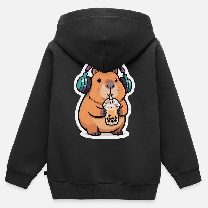 Süßes Capybara Bubble Tea Kawaii Tier Geschenk - Kinder Premium Organic Zip Hoodie - Schwarz