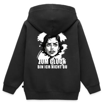 Karikatur mit „Zum Glück…“-Zitat - Kinder Premium Organic Zip Hoodie - Schwarz - Hinten - AI Model Kid Male (0cm)