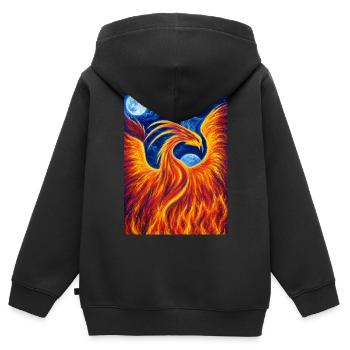 Phénix flamboyant dans la nuit - Sweat Premium à capuche zippé enfant bio - noir - Dos - AI Model Kid Male (0cm)