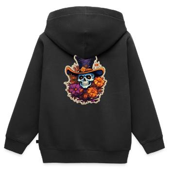 Totenkopf mit Blumen und Hut Halloween - Kinder Premium Organic Zip Hoodie - Schwarz - Hinten - AI Model Kid Male (0cm)