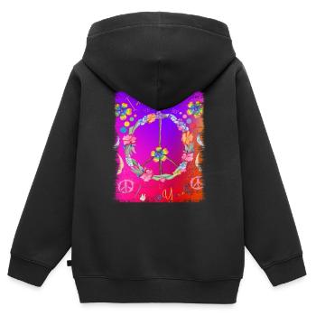 Hippie soul groovy Heure d’été Bonnes vibrations 70s 80s - Sweat Premium à capuche zippé enfant bio - noir - Dos - AI Model Kid Male (0cm)