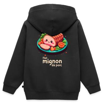 Filet mignon de porc - Texte clair - Sweat Premium à capuche zippé enfant bio - noir - Dos - AI Model Kid Male (0cm)