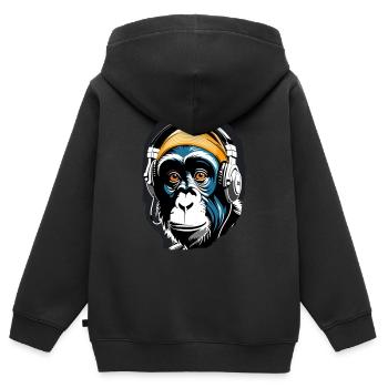 Musik Affe Schimpanse Kopfhoerer als Geschenkidee - Kinder Premium Organic Zip Hoodie - Schwarz - Hinten - AI Model Kid Male (0cm)