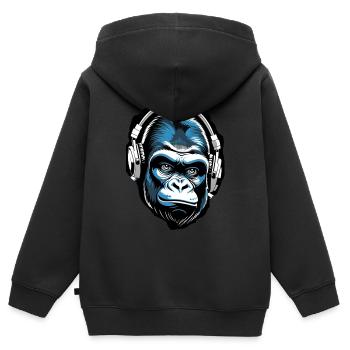 Musik Affe Gorilla mit Kopfhoerer als Geschenkidee - Kinder Premium Organic Zip Hoodie - Schwarz - Hinten - AI Model Kid Male (0cm)