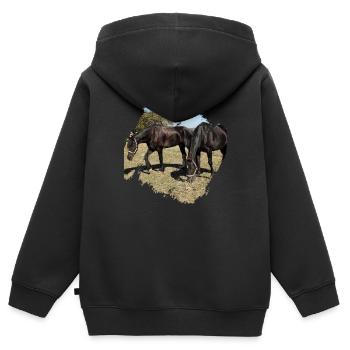 Deux chevaux paissant dans le paddock - Sweat Premium à capuche zippé enfant bio - noir - Dos - AI Model Kid Male (0cm)