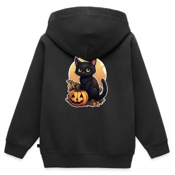 Chat noir d’Halloween en feuillage avec citrouille - Sweat Premium à capuche zippé enfant bio - noir - Dos - AI Model Kid Male (0cm)