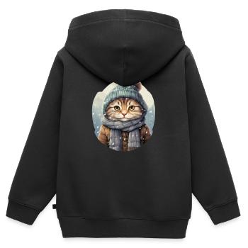 Chat en hiver avec chapeau, écharpe et veste - Sweat Premium à capuche zippé enfant bio - noir - Dos - AI Model Kid Male (0cm)