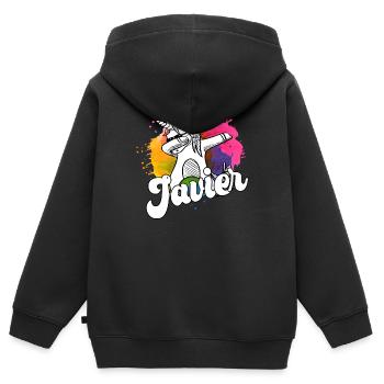 JAVIER - Schöner Jungen Name mit Coolem Einhorn - Kinder Premium Organic Zip Hoodie - Schwarz - Hinten - AI Model Kid Male (0cm)