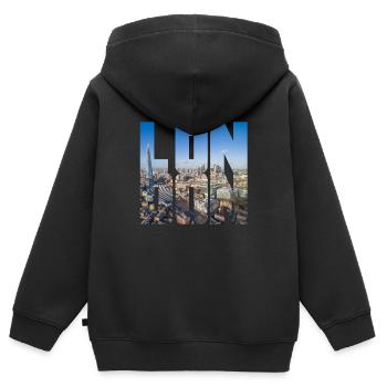 London England UK GB - Kinder Premium Organic Zip Hoodie - Schwarz - Hinten - AI Model Kid Male (0cm)