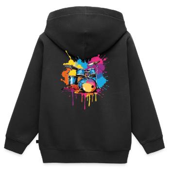 Schlagzeug auf bunten Farbklecksen - Kinder Premium Organic Zip Hoodie - Schwarz - Hinten - AI Model Kid Male (0cm)