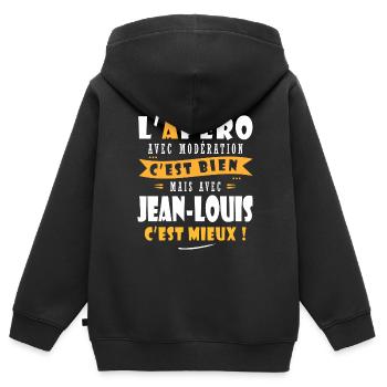 Jean-louis cadeau Humour cadeau jean louis - Sweat Premium à capuche zippé enfant bio - noir - Dos - AI Model Kid Male (0cm)