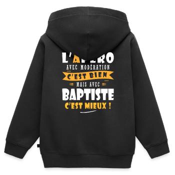 Baptiste cadeau Humour cadeau baptiste - Sweat Premium à capuche zippé enfant bio - noir - Dos - AI Model Kid Male (0cm)