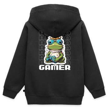 Retro Gamer Frog avec manette Jeux de console - Sweat Premium à capuche zippé enfant bio - noir - Dos - AI Model Kid Male (0cm)