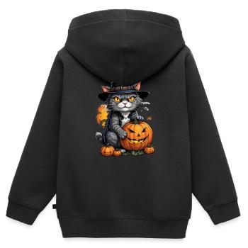 Halloween -Katze Grusel mit Kürbis - Kinder Premium Organic Zip Hoodie - Schwarz - Hinten - AI Model Kid Male (0cm)