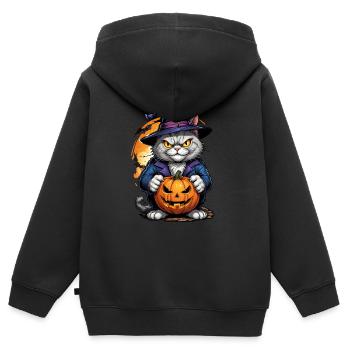 Chat d’Halloween avec citrouille - Sweat Premium à capuche zippé enfant bio - noir - Dos - AI Model Kid Male (0cm)
