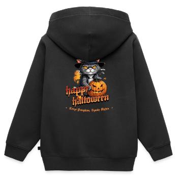 Chat d’Halloween avec citrouille - Sweat Premium à capuche zippé enfant bio - noir - Dos - AI Model Kid Male (0cm)
