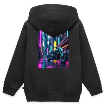 Chrom Motorrad in Neon City - Kinder Premium Organic Zip Hoodie - Schwarz - Hinten - AI Model Kid Male (0cm)
