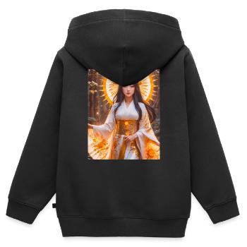 Amaterasu Strahlende Sonnengöttin im weißen Kimono mit - Kinder Premium Organic Zip Hoodie - Schwarz - Hinten - AI Model Kid Male (0cm)