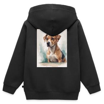 Chien Portrait Aquarelle - Sweat Premium à capuche zippé enfant bio - noir - Dos - AI Model Kid Male (0cm)