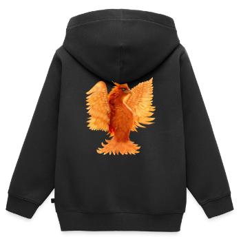 Simurgh : Néon Émeraude Regard, Oiseau ardent - Sweat Premium à capuche zippé enfant bio - noir - Dos - AI Model Kid Male (0cm)