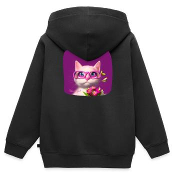 Chat dans des lunettes tendant des fleurs - Sweat Premium à capuche zippé enfant bio - noir - Dos - AI Model Kid Male (0cm)