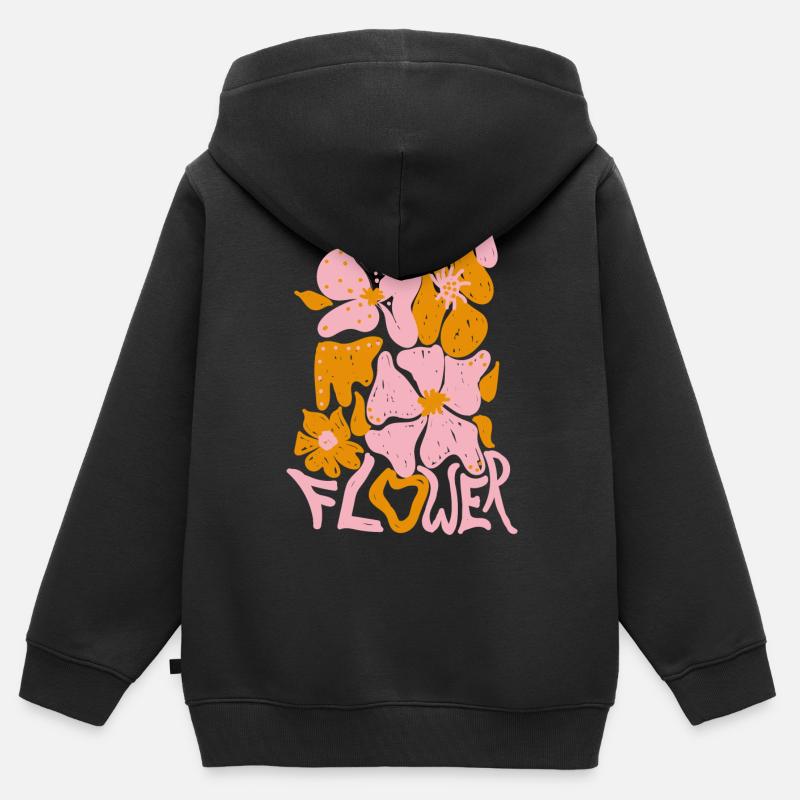 Fleur rose - Sweat Premium à capuche zippé enfant bio - noir