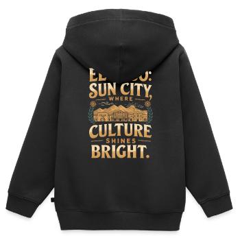 EL PASO : UNE VILLE ENSOLEILLÉE OÙ LA CULTURE BRILLE - Sweat Premium à capuche zippé enfant bio - noir - Dos - AI Model Kid Male (0cm)