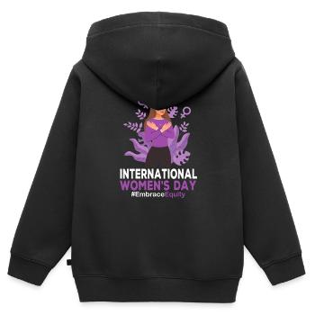 Journée de la femme 8 mars La JIF embrasse l’équité - Sweat Premium à capuche zippé enfant bio - noir - Dos - AI Model Kid Male (0cm)