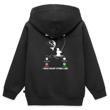 Tut mir leid, dass ich Ihren Anruf verpasst habe, ich war auf meiner anderen Leitung - Kinder Premium Organic Zip Hoodie - Schwarz - Hinten - AI Model Kid Male (0cm)