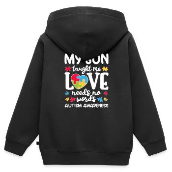 Mon fils m’a appris que l’amour n’a pas besoin de mots - Sweat Premium à capuche zippé enfant bio - noir - Dos - AI Model Kid Male (0cm)