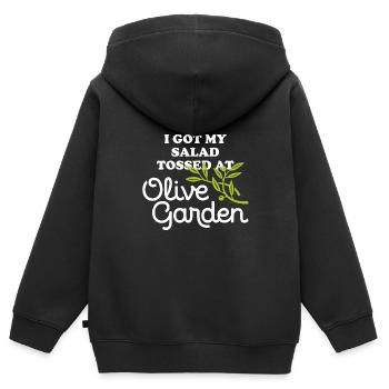 Ich bekam meinen Salat bei Olive Garden Apparel geworfen - Kinder Premium Organic Zip Hoodie - Schwarz - Hinten - AI Model Kid Male (0cm)