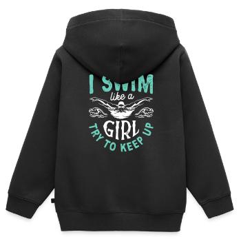 Je nage comme une fille J’essaie de suivre - Sweat Premium à capuche zippé enfant bio - noir - Dos - AI Model Kid Male (0cm)