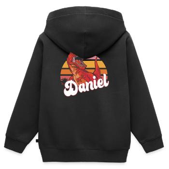 DANIEL - Beau prénom de garçon avec T-REX Dino - Sweat Premium à capuche zippé enfant bio - noir - Dos - AI Model Kid Male (0cm)