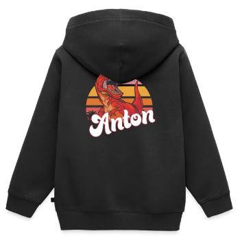 ANTON - Beau prénom de garçon avec T-REX Dino - Sweat Premium à capuche zippé enfant bio - noir - Dos - AI Model Kid Male (0cm)