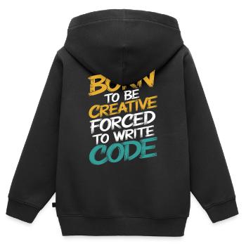 "Geboren, um kreativ zu sein, gezwungen, Code zu schreiben" - Kinder Premium Organic Zip Hoodie - Schwarz - Hinten - AI Model Kid Male (0cm)