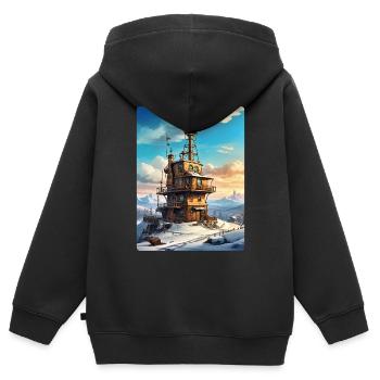 Steampunk Winterlandschaft mit Funkturm 1.4 - Kinder Premium Organic Zip Hoodie - Schwarz - Hinten - AI Model Kid Male (0cm)