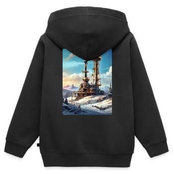 Steampunk Winterlandschaft mit Funkturm 1.8 - Kinder Premium Organic Zip Hoodie - Schwarz - Hinten - AI Model Kid Male (0cm)