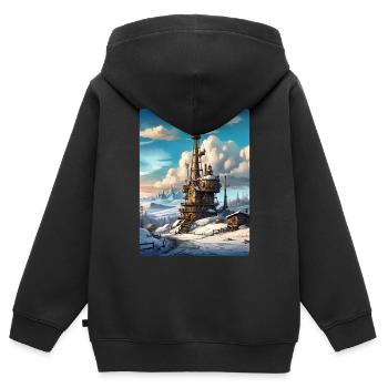 Steampunk Winterlandschaft mit Funkturm 1.11 - Kinder Premium Organic Zip Hoodie - Schwarz - Hinten - AI Model Kid Male (0cm)