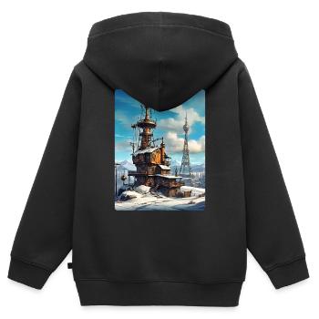 Steampunk Winterlandschaft mit Funkturm 1.15 - Kinder Premium Organic Zip Hoodie - Schwarz - Hinten - AI Model Kid Male (0cm)