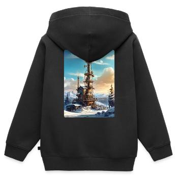 Steampunk Winterlandschaft mit Funkturm 1.19 - Kinder Premium Organic Zip Hoodie - Schwarz - Hinten - AI Model Kid Male (0cm)